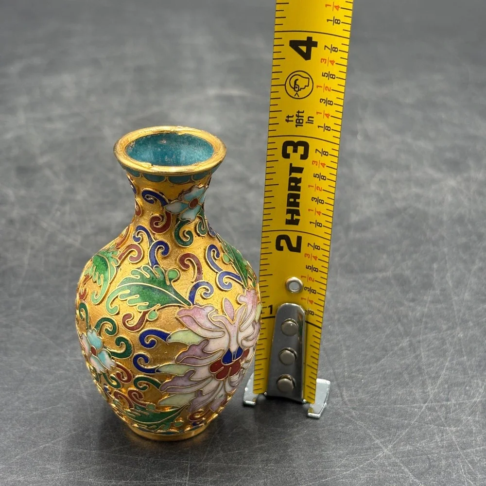 Vintage Miniature Cloisonne Enamel Vase and Egg Set Gold Floral Decor